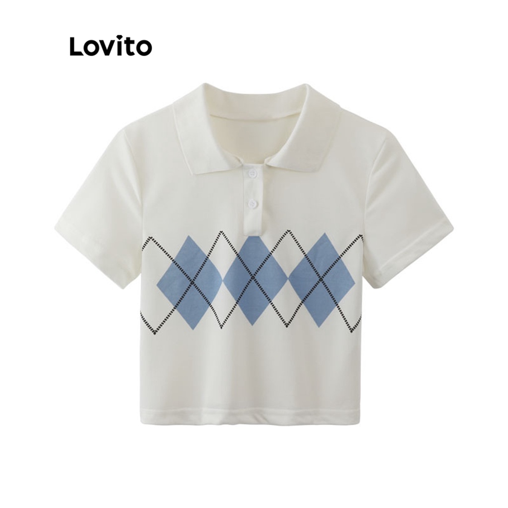 Áo thun Lovito cổ polo tay ngắn phối cúc trước kẻ sọc phong cách Preppy cho nữ LNE02003 (màu trắng)