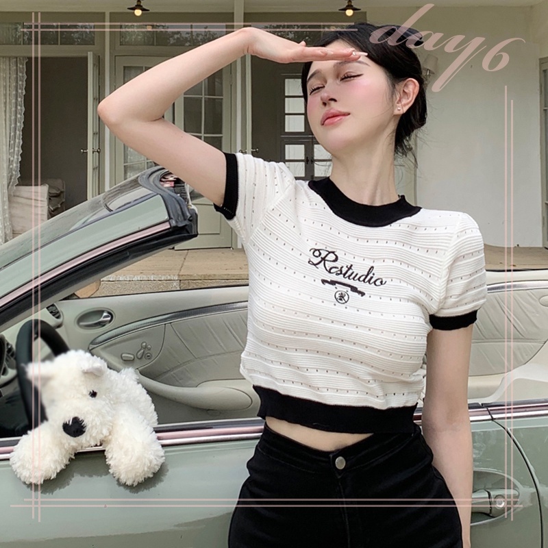 Áo Thun Dệt Kim Tay Ngắn Cổ Tròn Phong Cách Hàn Quốc Dành Cho Nữ