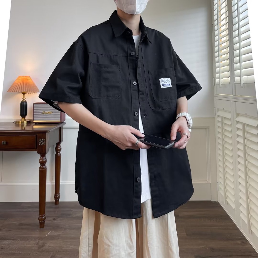 Áo Sơ Mi Cotton Tay Ngắn Dáng Rộng Phối Túi Phong Cách Vintage Cho Nam Giới Có Size M-8XL