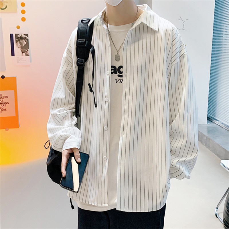 Áo Sơ Mi Nam Dài Tay Dáng Rộng Họa Tiết Kẻ Sọc Phong Cách Hong Kong Nhật Bản Thời Trang Mùa Hè