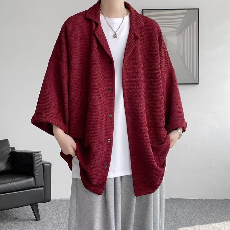 Áo Sơ Mi Mỏng Dáng Rộng Cổ Polo Tay 3 / 4 Màu Trơn Đơn Giản Thời Trang Mùa Hè Hàng Mới Dành Cho Bạn Nam M-5XL
