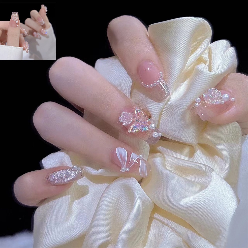 Bộ 24 Móng Tay Giả Đính Ngọc Trai Xinh Xắn