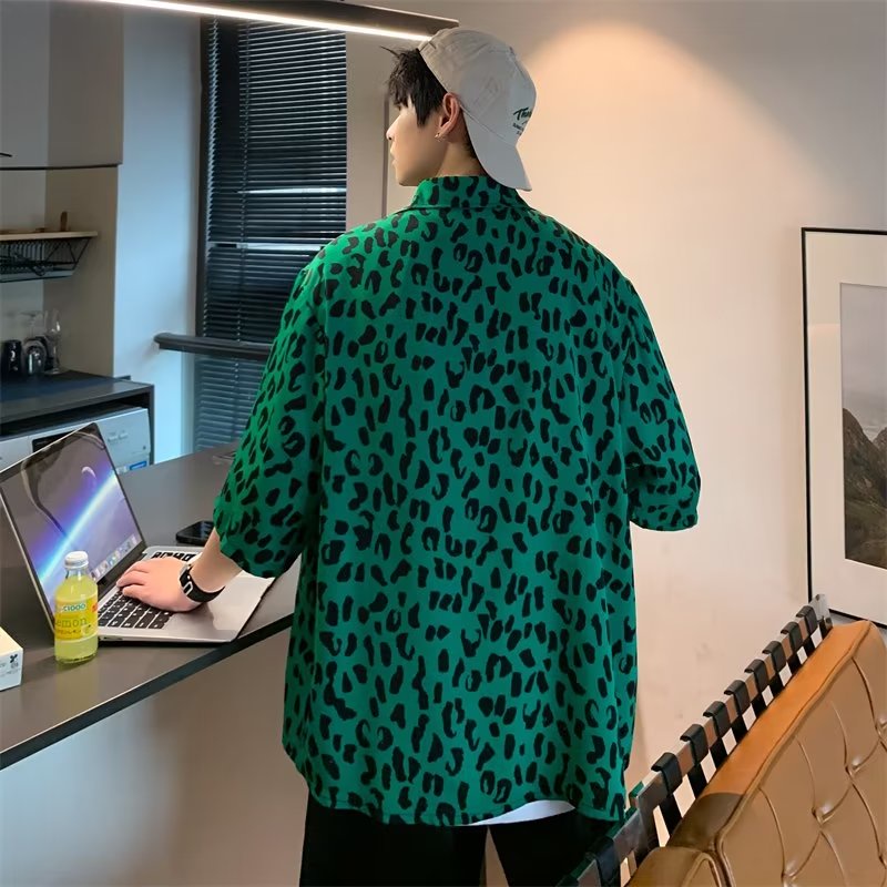 Áo Sơ Mi Ngắn Tay Nhuộm Màu Họa Tiết Da Báo Phong Cách Hiphop Thời Trang