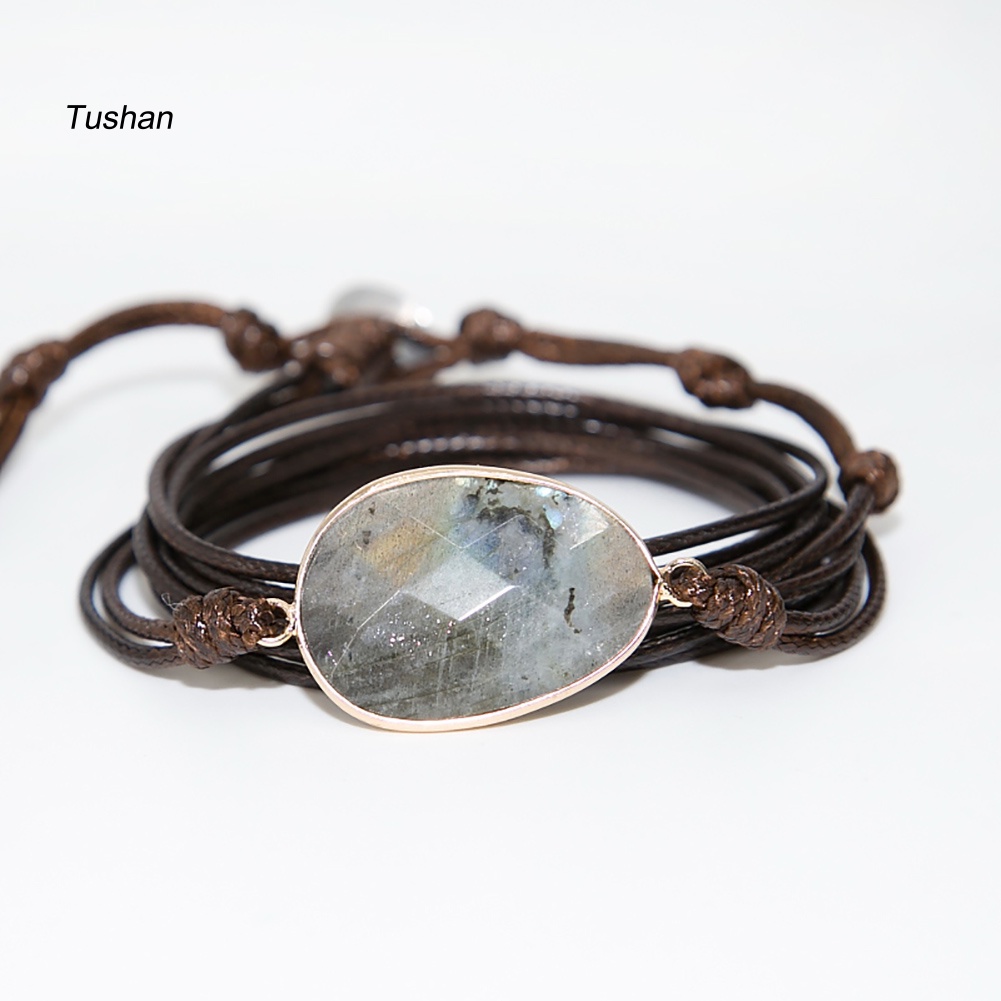 [Ts] Vòng Tay Dây Sáp Labradorite Đá Labradorite Thắt Nút Nhiều Lớp Handmade Phong Cách