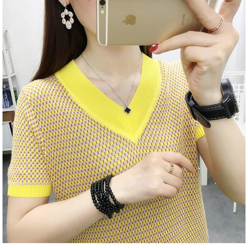 Áo Thun Lụa Lạnh Tay Ngắn Cổ Chữ V Dáng Rộng Thời Trang Mùa Hè Phong Cách Hàn Quốc Cho