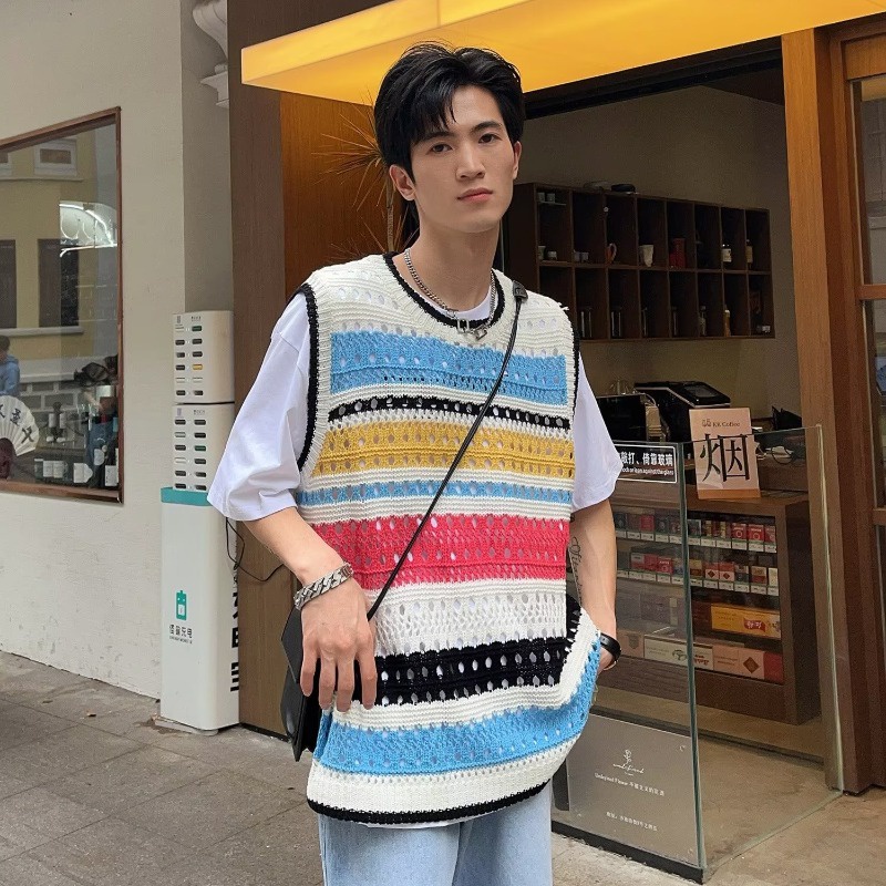 Áo Sweater Dệt Kim Sát Nách Kẻ Sọc Màu Sắc Tương Phản Kiểu Retro Cá Tính Cho Nam