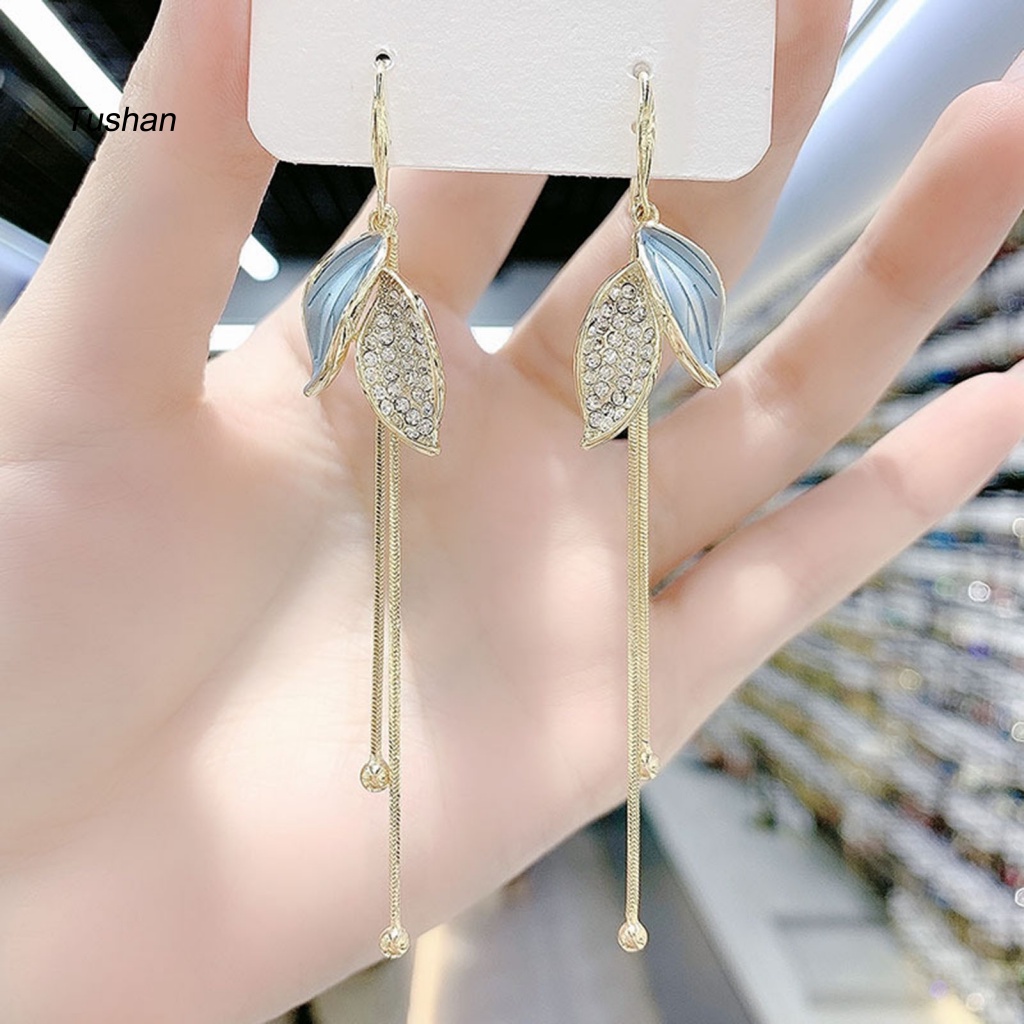 1 Đôi Bông Tai Hình Chiếc Lá Đính Đá Thời Trang