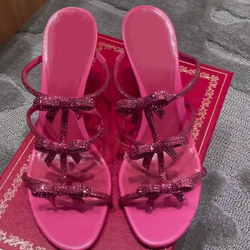 Dép Cao Gót Hở Ngón Đính Pha Lê Màu Đỏ Hồng Phong Cách Pháp Thời Trang Mới 2023