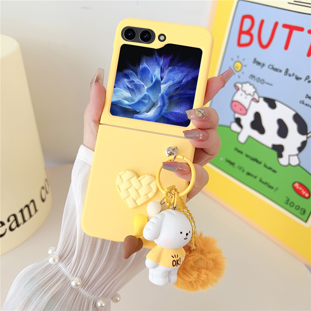 Ốp Điện Thoại Màu Trơn Gắn Quả Bông Hình Mèo / Cún / Thỏ Dễ Thương Cho Samsung Z Flip 5 Z Flip5 Zflip5