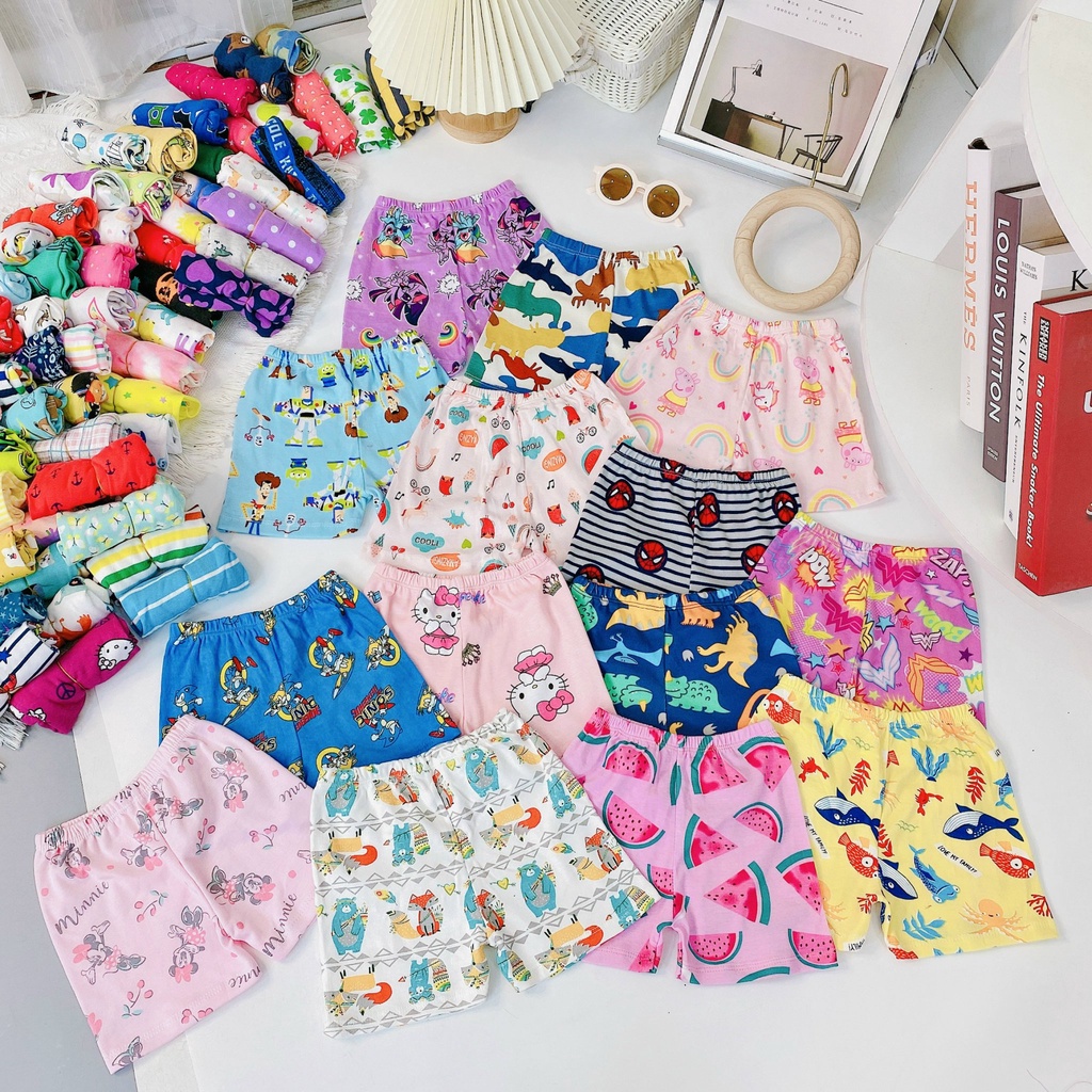 Quần đùi chục cho bé gái thun cotton 100% co dãn thấm hút mồ hôi họa tiết dễ thương cho bé gái từ 10~50kg ,