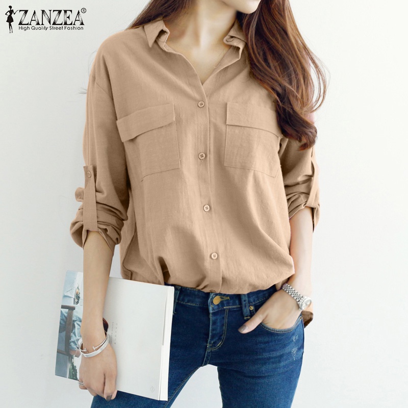 ZANZEA Áo Sơ Mi Nữ Tay Dài Cổ Bẻ Thời Trang Hàn Quốc