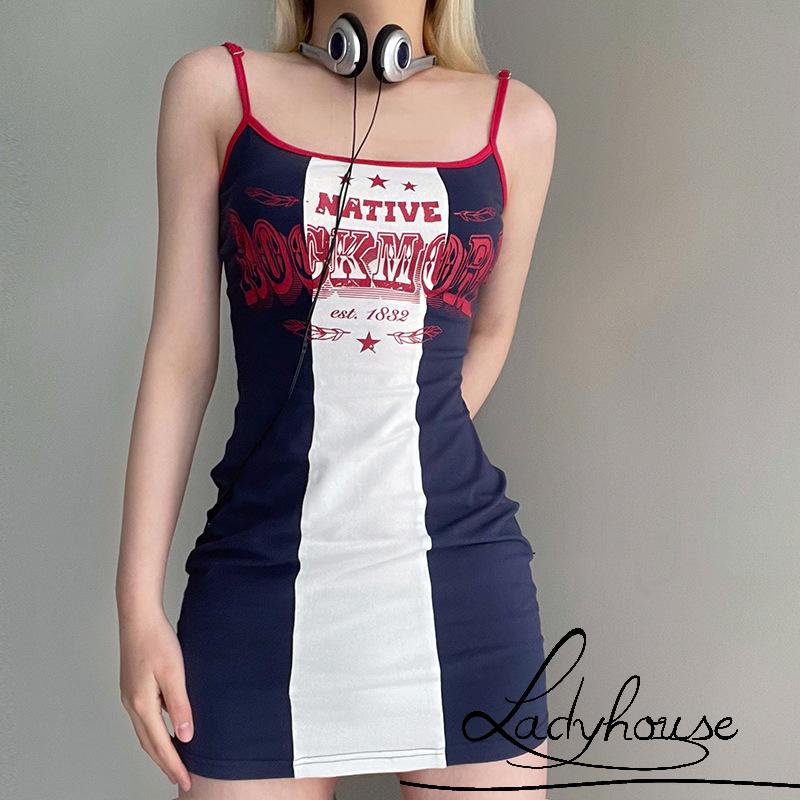 Đầm Hai Dây Ôm Dáng Màu Sắc Tương Phản In Chữ Thời Trang Mùa Hè Cho Nữ