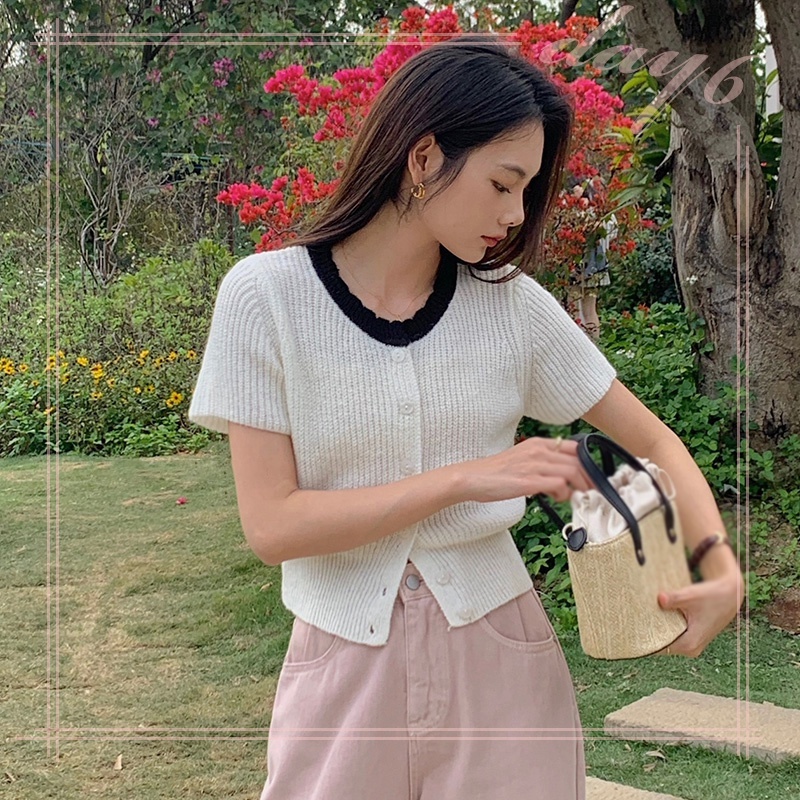 Áo Croptop Dệt Kim Tay Ngắn Cổ Tròn Màu Sắc Tương Phản Ngọt Ngào Thời Trang Cho Nữ