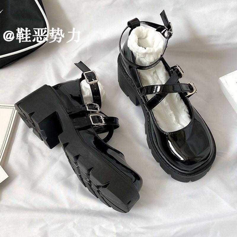 Giày Cao Gót Da Mềm Mũi Vuông Phong Cách Lolita Xinh Xắn