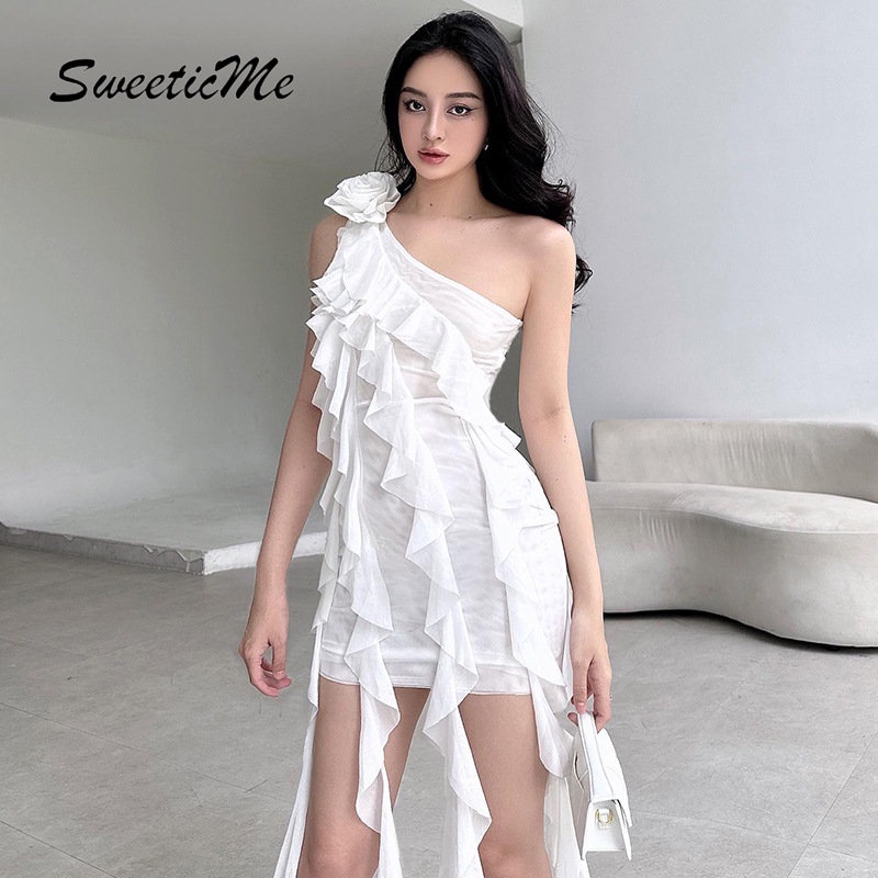 Đầm Ngắn Dáng Ôm Eo Thấp Màu Trơn In Họa Tiết Hoa Thời Trang Mới 2023 Dành Cho Bạn Nữ