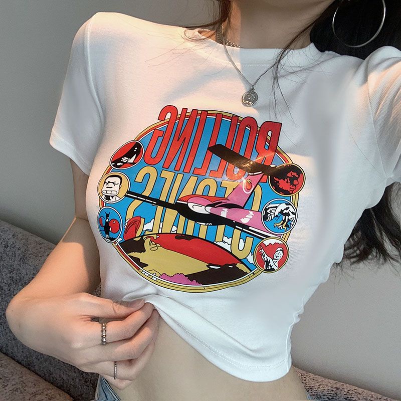 Áo baby tee Thun croptop nữ Lửng Tay Ngắn Dáng Ôm In Họa Tiết Phong Cách Hàn Quốc Thời Trang Mùa Hè Quyến Rũ Cho Nữ