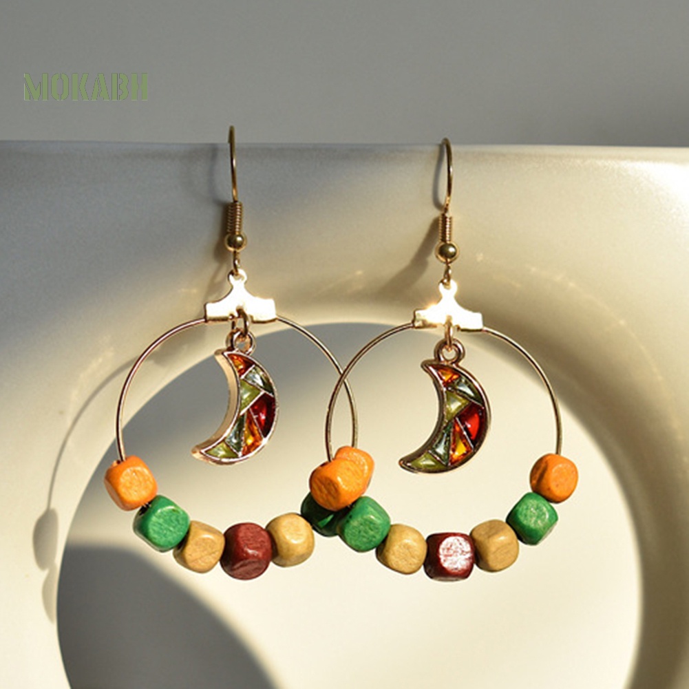 Bông Tai Hình Tròn / Mặt Trăng Bằng Gỗ Thời Trang Dự Tiệc Cho Nữ