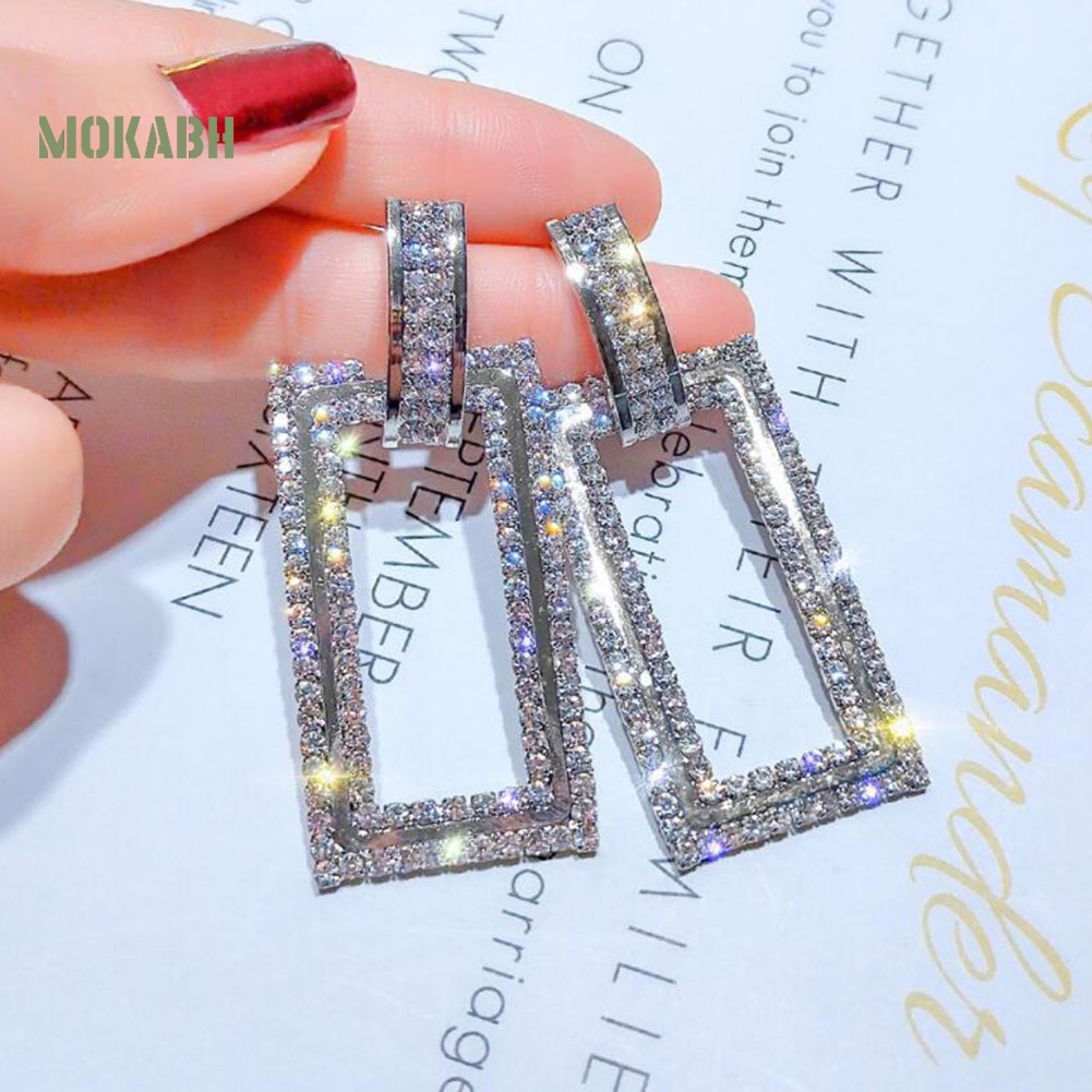 Bông Tai Hình Chữ Nhật Đính Kim Cương Giả Sang Trọng Cho Nữ