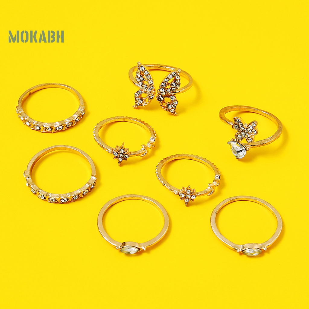 Set 8 Nhẫn Đeo Khớp Ngón Tay Họa Tiết Bướm / Hoa Đính Đá Tinh Tế Cho Nữ