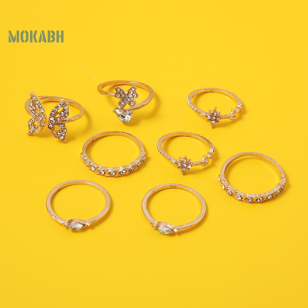 Set 8 Nhẫn Đeo Khớp Ngón Tay Họa Tiết Bướm / Hoa Đính Đá Tinh Tế Cho Nữ