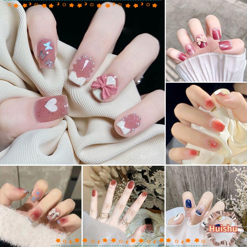 Bộ 24 Móng Tay Giả Đầu Tròn / Vuông Che Phủ Toàn Diện Phong Cách Pháp