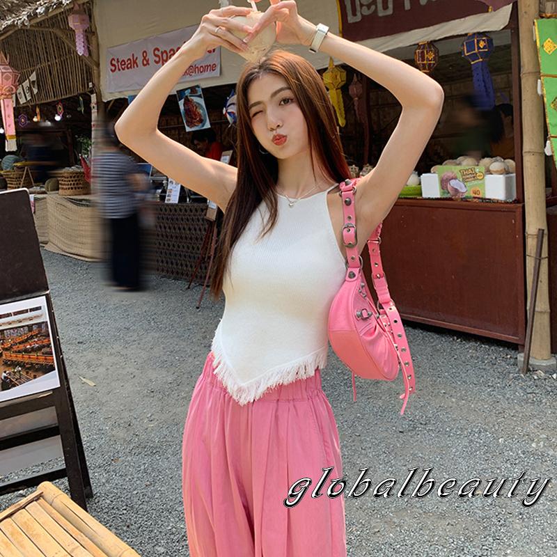 Áo Croptop Dệt Kim Không Tay Viền Tua Rua Hở Lưng Thời Trang Mùa Hè Cho Nữ