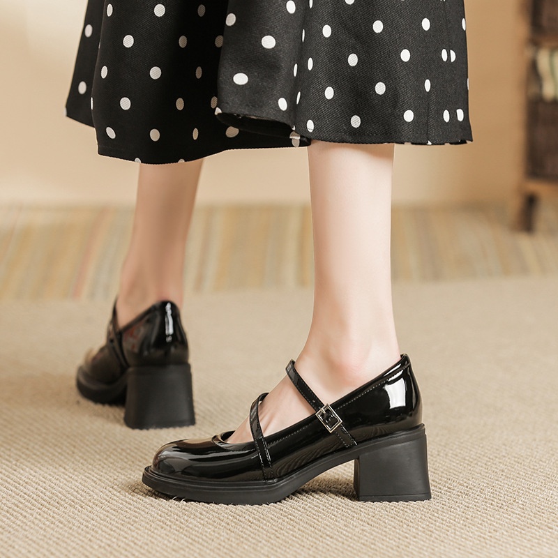 Giày Cao Gót Đế Dày Miệng Nông Phối Dây Kiểu Retro Pháp Dễ Thương