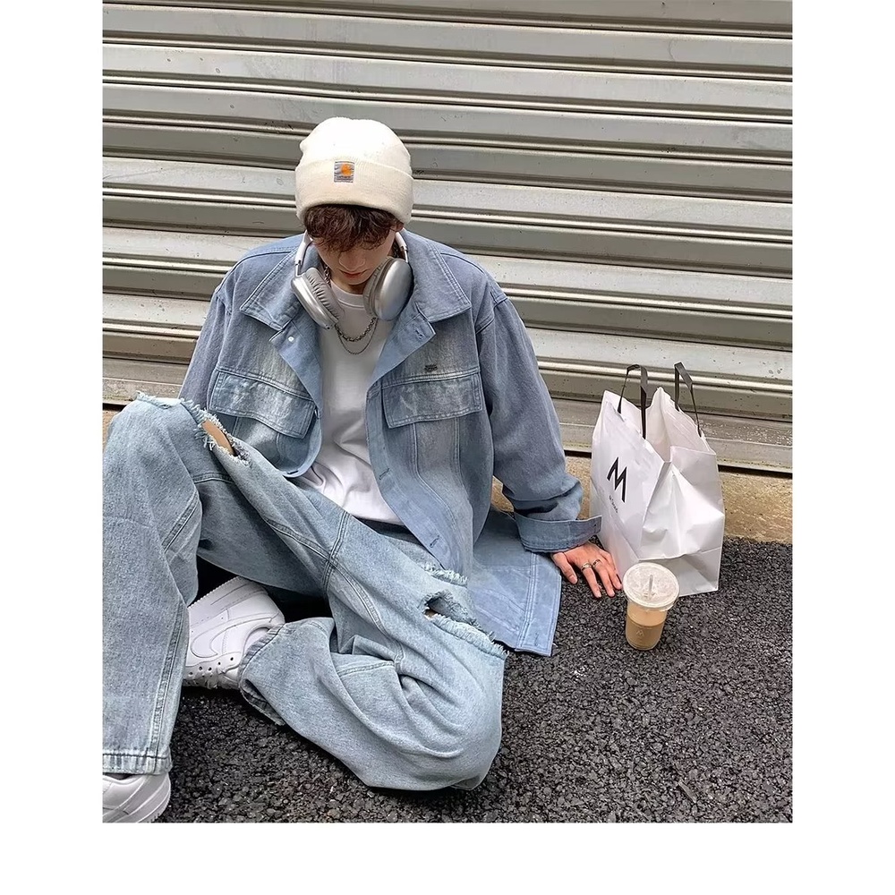 Áo Khoác Denim Dáng Rộng Màu Sắc Cà Phê Phong Cách Retro Đường Phố Cho Nam Giới