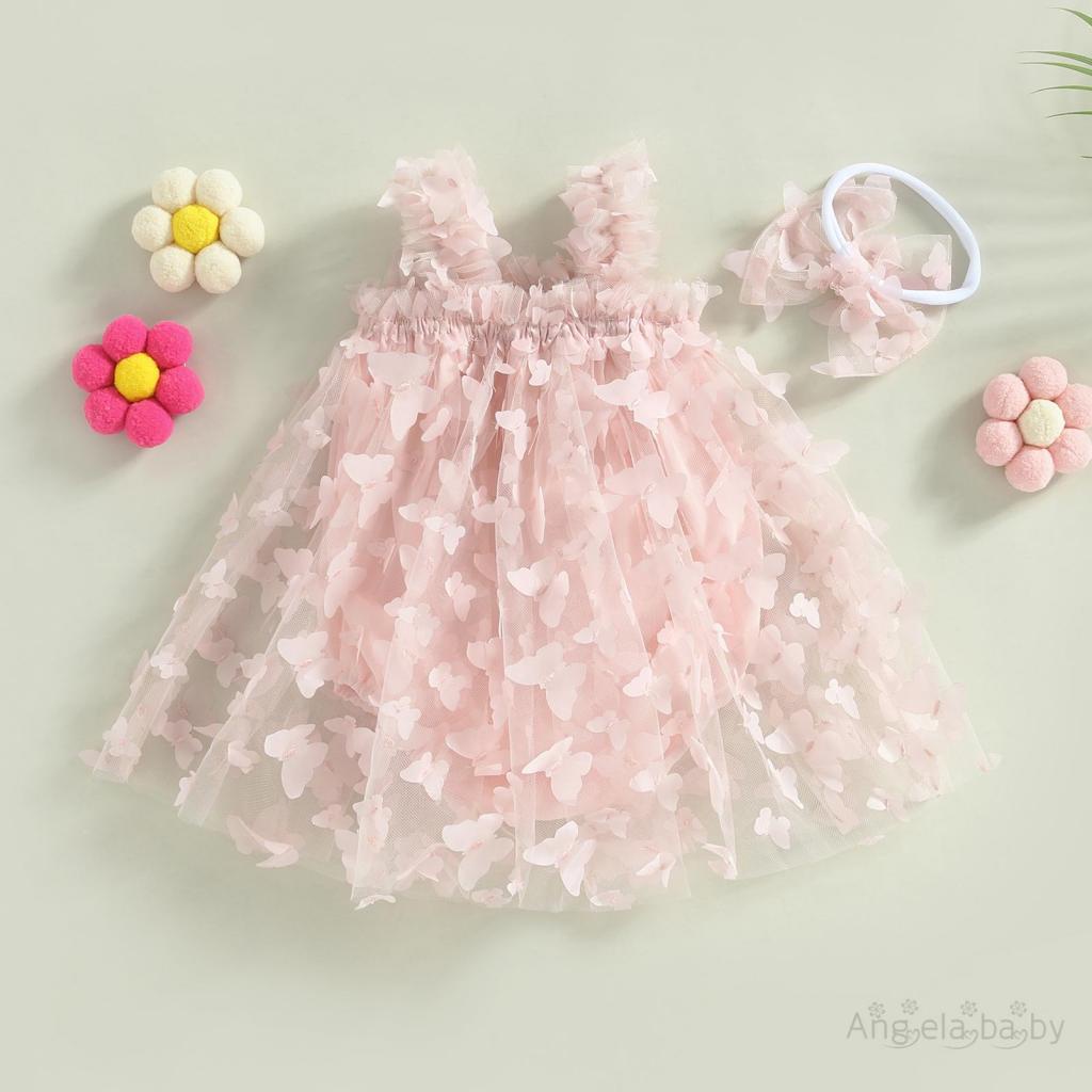 Set Đồ Mùa Hè 2 Món Gồm Áo Liền Quần In Họa Tiết Bướm 3D + Băng Cài Đầu Cho Bé Gái 3-24 Tháng Tuổi