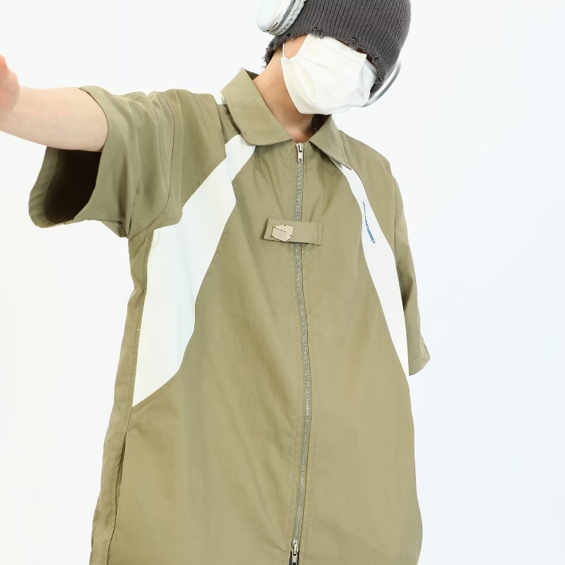 Áo Sơ Mi Tay Ngắn Có Khóa Kéo Màu Trắng Đen Phong Cách Đường Phố Mỹ Cá Tính Cho Nam Và Nữ