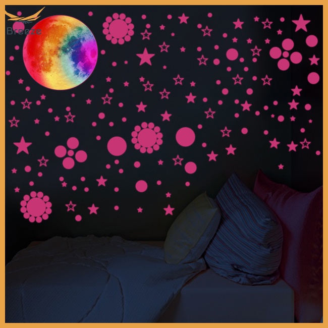 Bộ 3 Miếng Dán Tường Dạ Quang Tự Dính Hình Trăng Sao Trang Trí Phòng Bé Gái