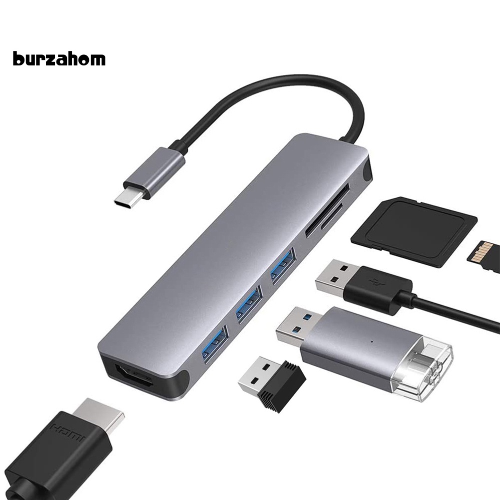 Đầu Chuyển Đổi 6 Trong 1 Type C Sang HDMI 4K 3 Cổng USB Cho Thẻ Micro-SD