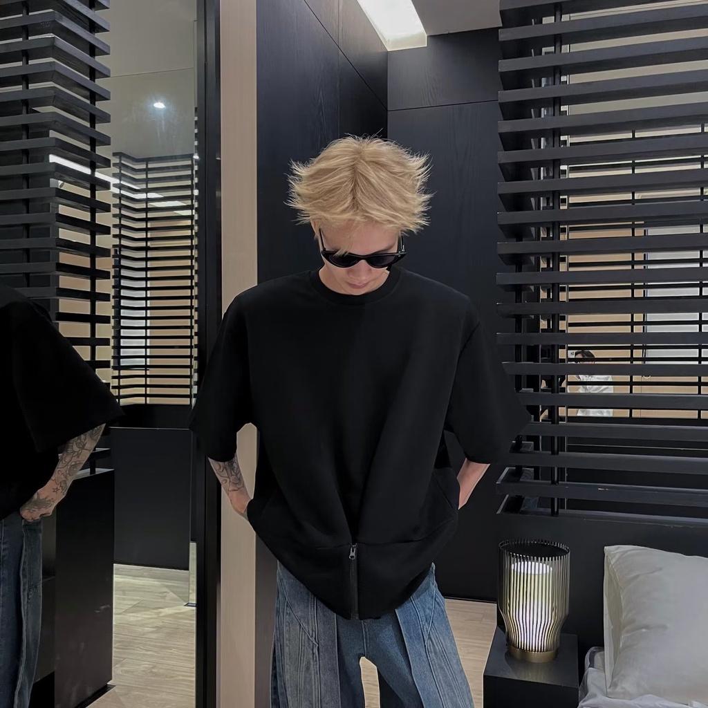 Áo Thun Cao Cấp Cảm Giác Hàn Quốc Thiết Kế Với Đường Viền Màu Trơn Có Khóa Kéo