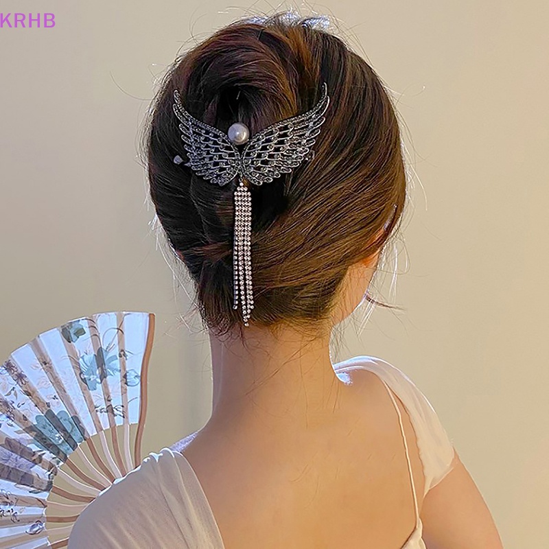 Kẹp Tóc Đuôi Ngựa Hình Đôi Cánh Thiên Thần Đính Đá Phối Ngọc Trai Phong Cách Hàn Quốc Cho Nữ Mới