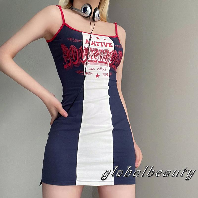 Đầm Hai Dây Ôm Dáng Màu Sắc Tương Phản In Chữ Thời Trang Mùa Hè Cho Nữ