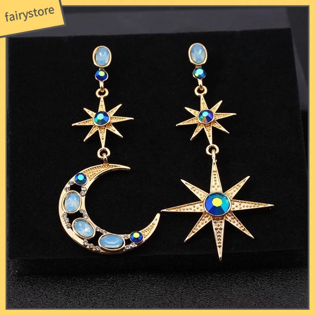 1 Đôi Bông Tai Hình Ngôi Sao / Mặt Trăng Đính Đá Nhân Tạo Thời Trang Dành Cho Nữ