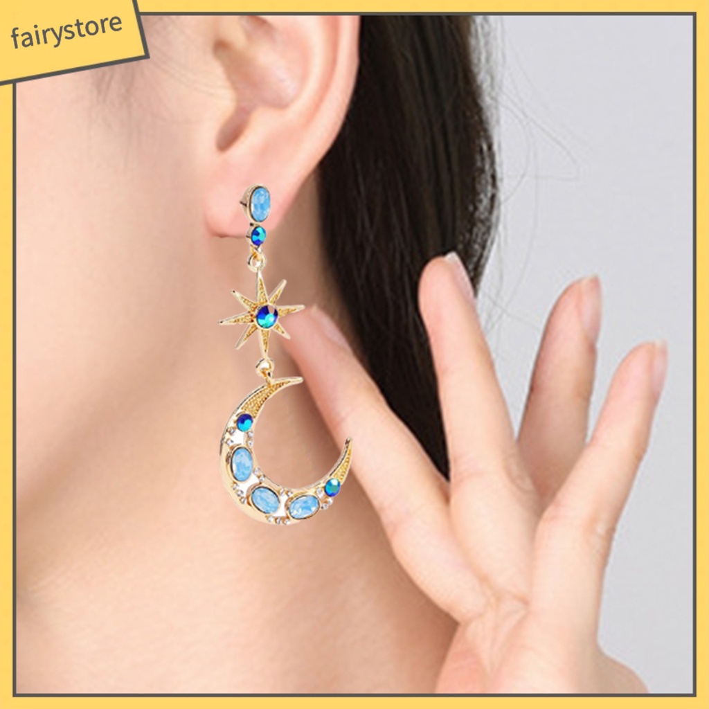 1 Đôi Bông Tai Hình Ngôi Sao / Mặt Trăng Đính Đá Nhân Tạo Thời Trang Dành Cho Nữ