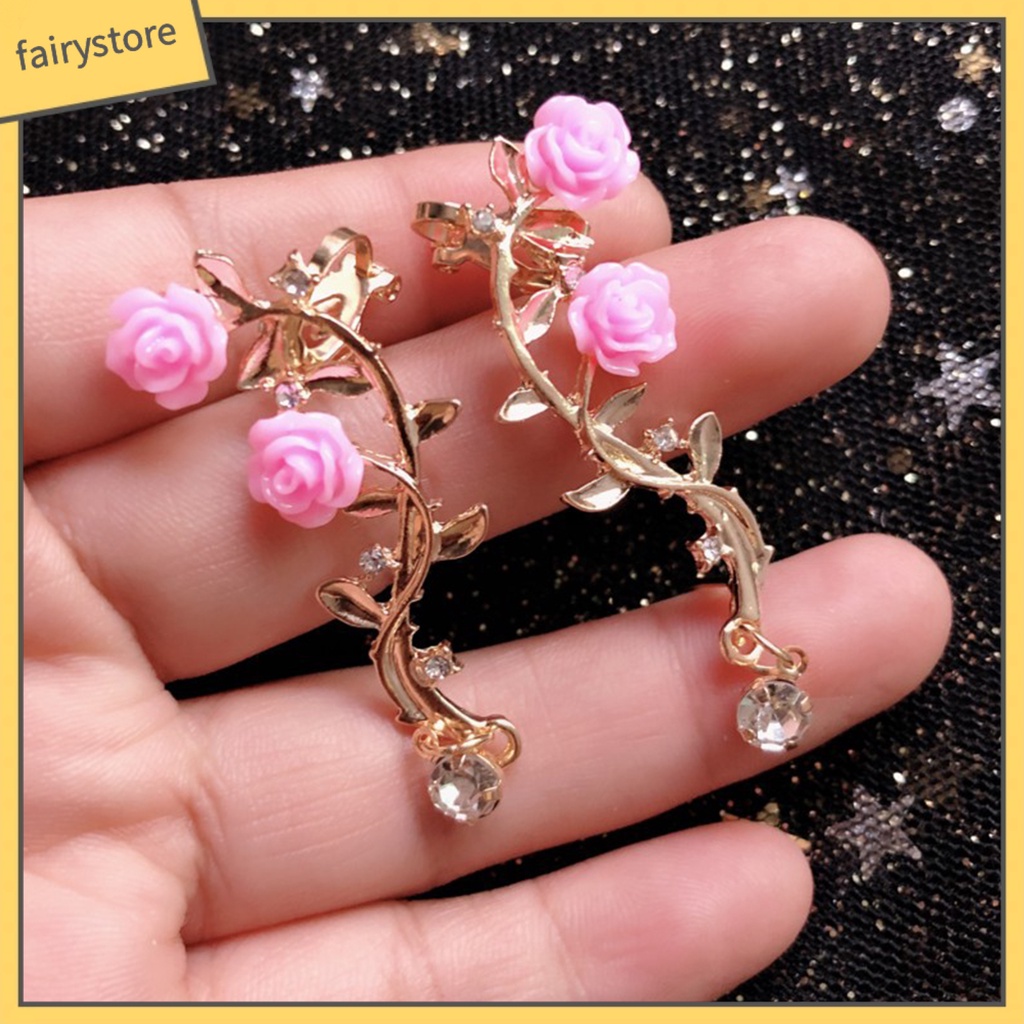 1 Đôi Khuyên Kẹp Vành Tai Hình Hoa Hồng Đính Đá Lấp Lánh