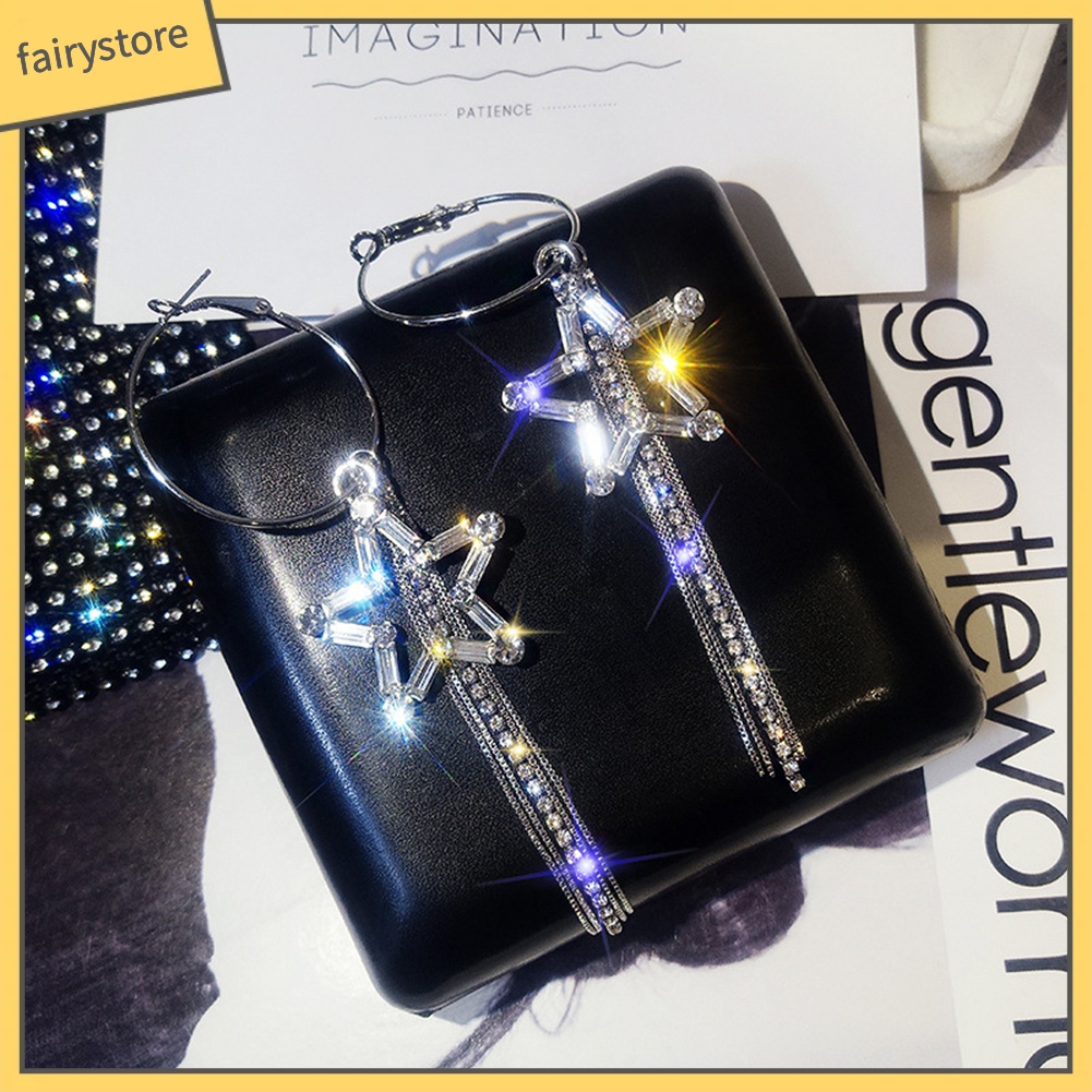 Bông Tai Dạng Vòng Hình Ngôi Sao Năm Cánh Đính Đá Phối Tua Rua Thời Trang Cho Nữ