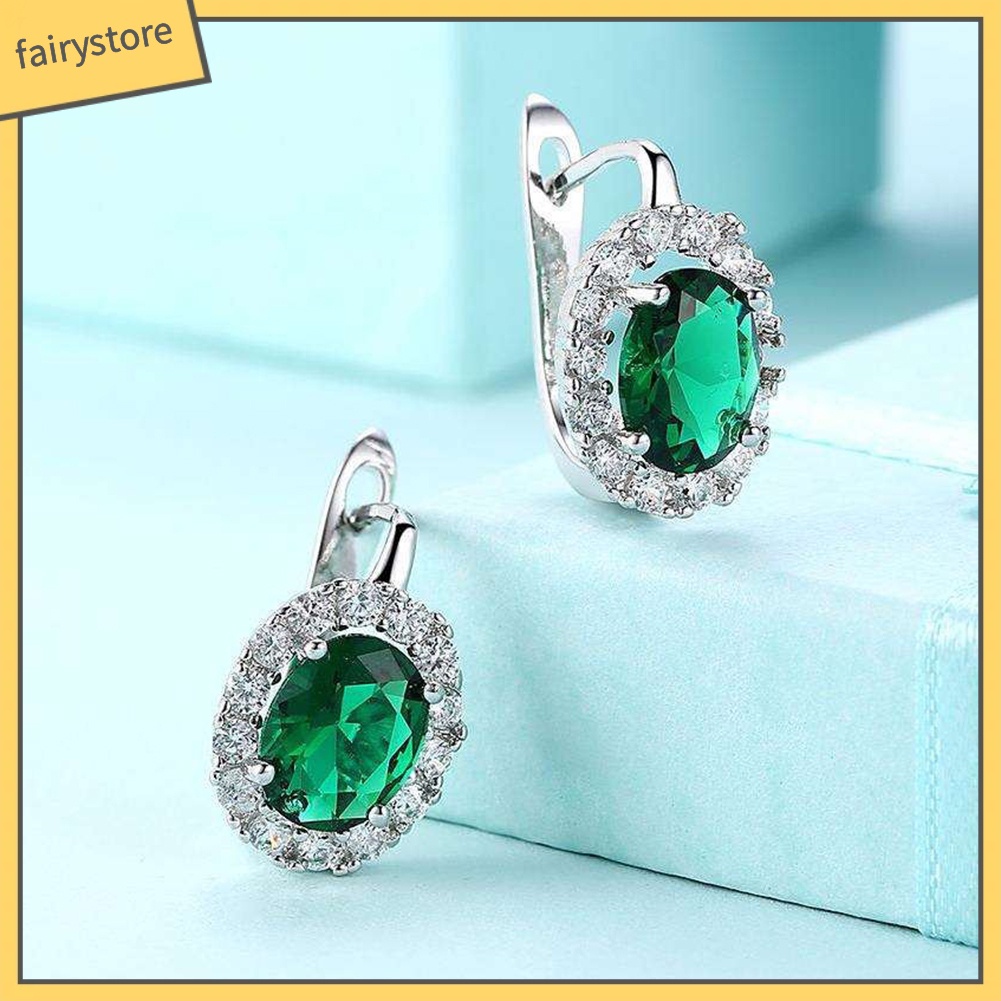 Bông Tai Hình Oval Đính Đá Zircon Sang Trọng Cho Nữ