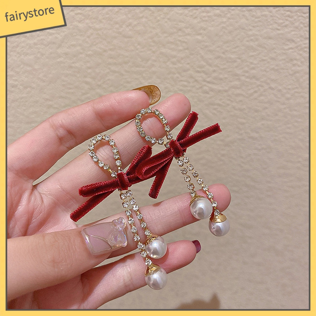 1 Đôi Bông Tai Đính Nơ Và Ngọc Trai Giả Thời Trang