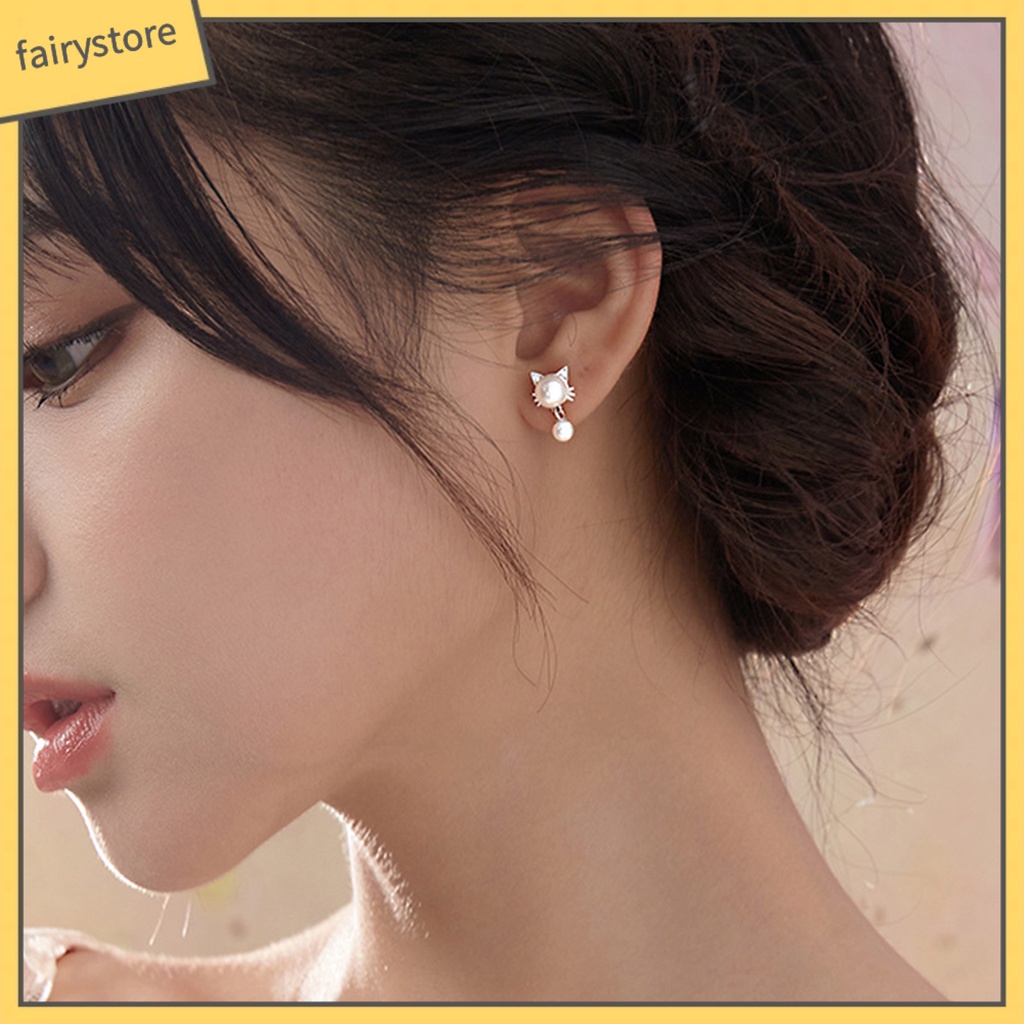 [FRO] 1 Đôi Bông Tai Dạng Treo Hình Mèo Trắng Bắt Mắt Chống Mài Mòn Trang Trí Hạt Charms