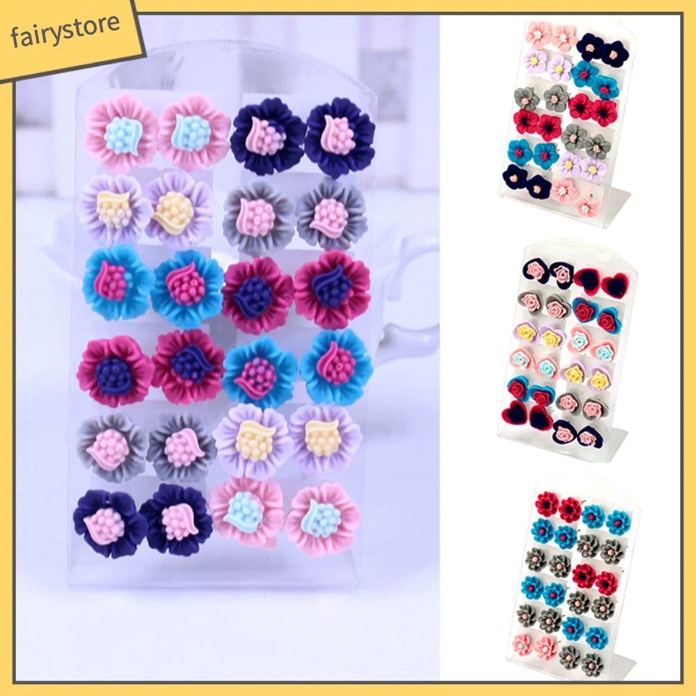 12 Đôi Bông Tai Hình Hoa Bằng Nhựa Nhiều Màu Thời Trang Dành Cho Nữ