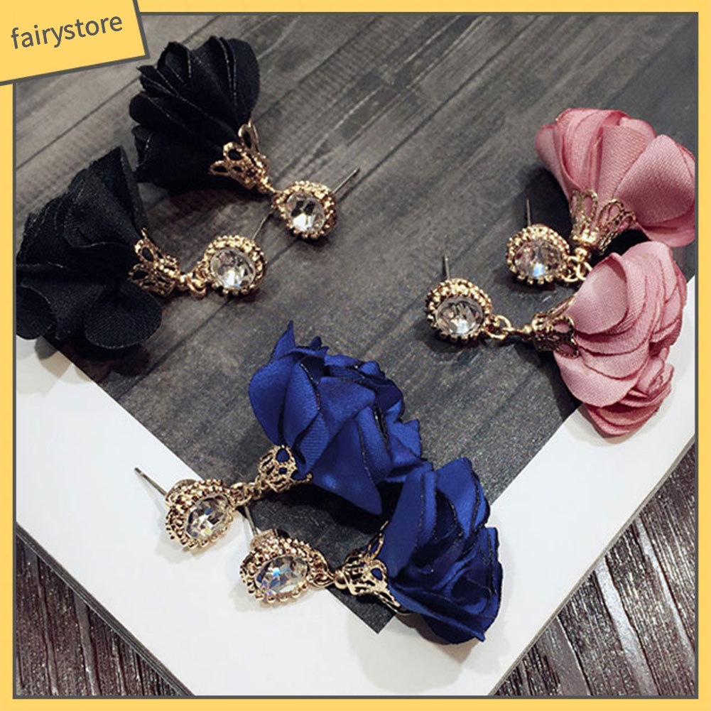 Bông Tai Dáng Dài Hình Cánh Hoa Đính Đá Thời Trang Cho Nữ