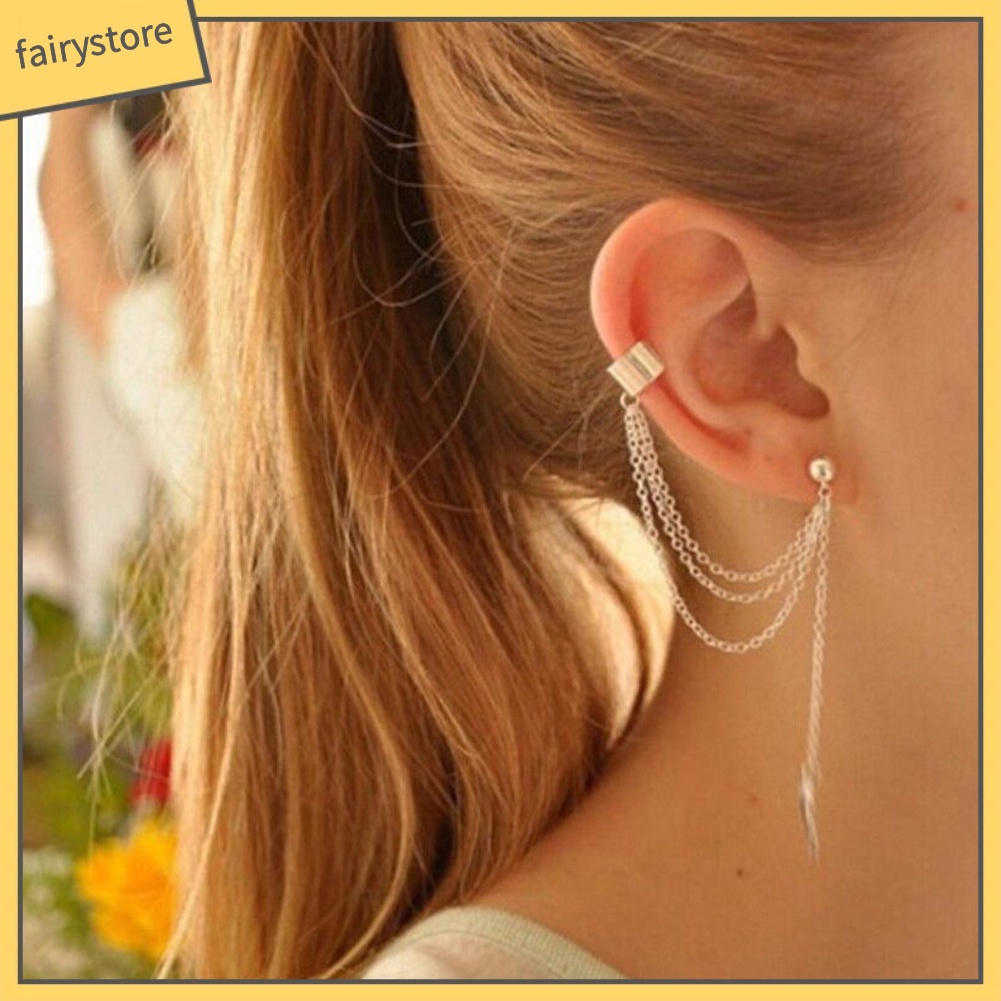 Bông Tai Kiểu Kẹp Hình Lá Phối Dây Xích Phong Cách Punk Rock Thời Trang Cho Nữ