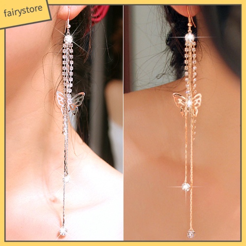 Bông Tai Dài Hình Bướm Rỗng Đính Đá Cho Nữ