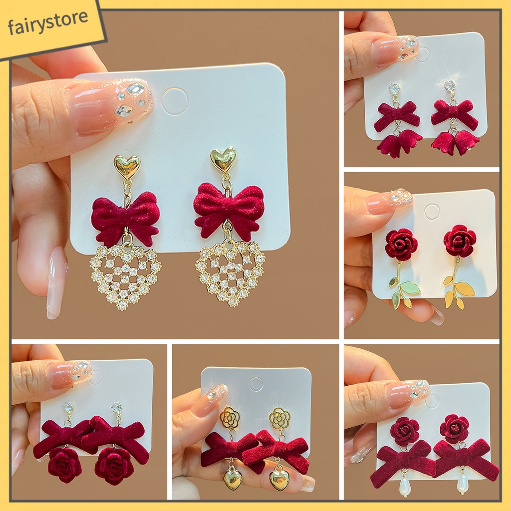 1 Đôi Bông Tai Dáng Dài Hình Nơ / Hoa / Trái Tim Màu Đỏ Chống Rơi Thời Trang Cho Nữ