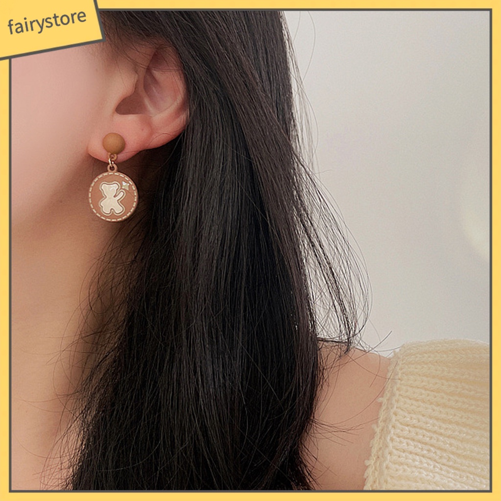 1 Đôi Bông Tai Hình Tròn Họa Tiết Hoa Hồng / Gấu Hoạt Hình Phong Cách Nhật Bản Thời Trang