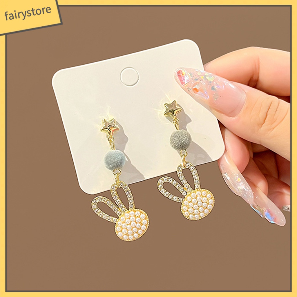 1 Đôi Bông Tai Hình Ngôi Sao / Thỏ Đính Ngọc Trai Giả Dễ Thương Phong Cách Hàn Quốc Thời Trang Thu Đông