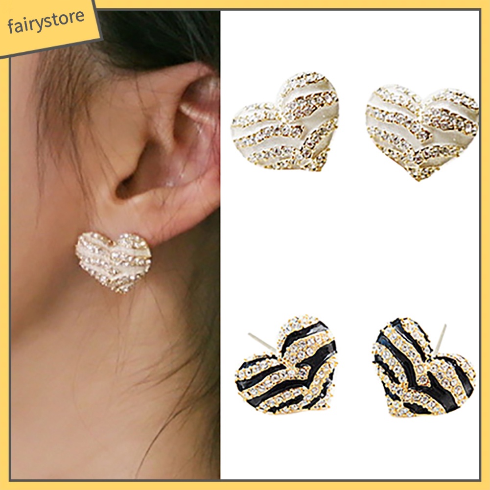 Đôi Khuyên Tai Hình Trái Tim Đính Đá Pha Lê Họa Tiết Ngựa Vằn Thời Trang Cho Nữ